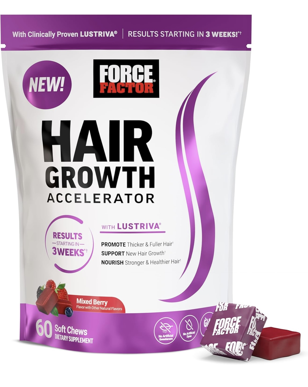 Force Factor Hair Growth Accelerator Soft Chews, Hair Growth Vitamins for Women and Men with Clinically Studied Lustriva and Biotin, Promotes Thicker, Fuller, Stronger Hair, Mixed Berry, 60 Soft Chews