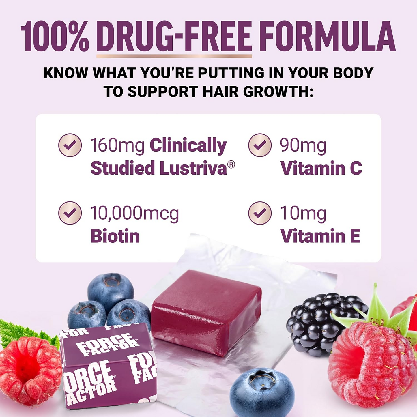 Force Factor Hair Growth Accelerator Soft Chews, Hair Growth Vitamins for Women and Men with Clinically Studied Lustriva and Biotin, Promotes Thicker, Fuller, Stronger Hair, Mixed Berry, 60 Soft Chews